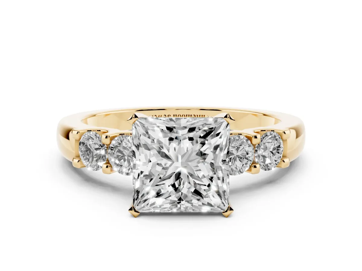 Princess Cut Brilliant Cut Diamond Five-Stone Prong Set Engagement Ring with Channel Band Yellow gold