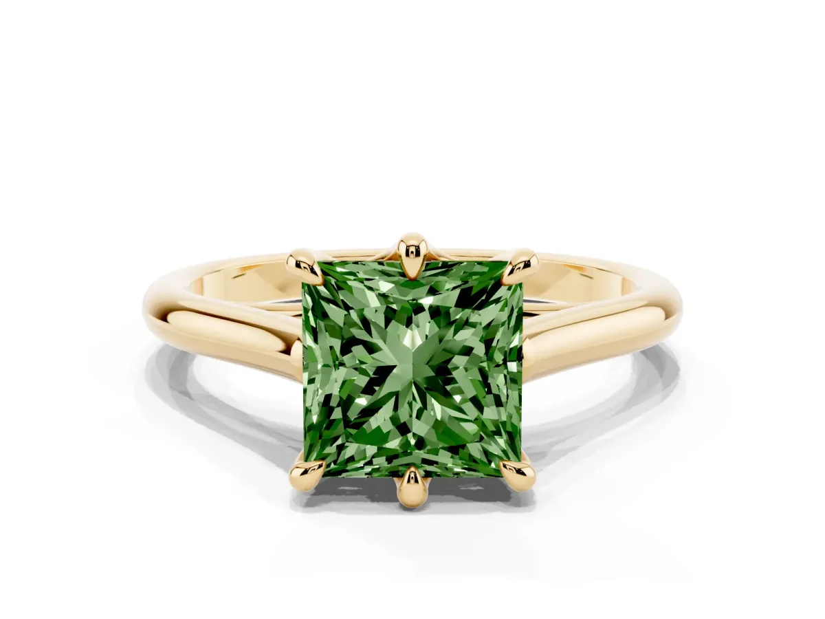 Fancy Green Princess Cut Solitaire Engagement Ring with Six-Prong Setting and Classic Band Yellow gold