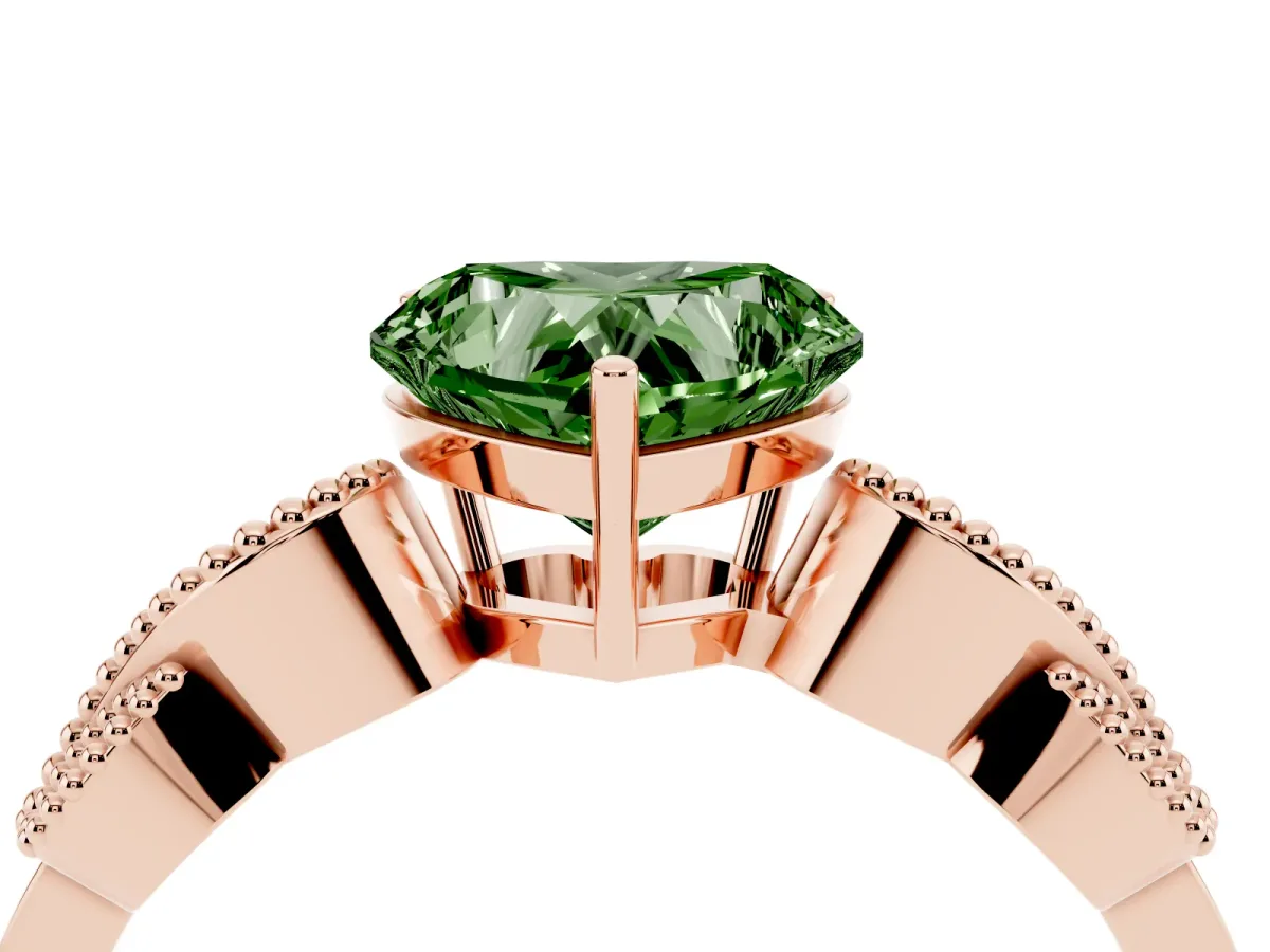 Fancy Green Heart Cut Solitaire Milgrain Leaf Band with Prong Setting Rose gold
