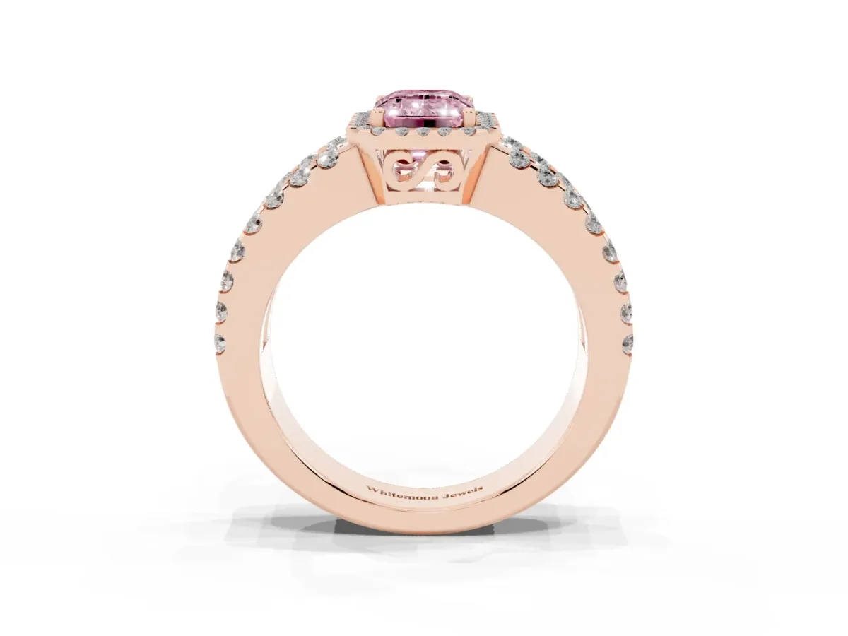 Fancy Pink Emerald Cut Cut Halo Split Shank Diamond Ring with Four-Prong Setting Rose gold