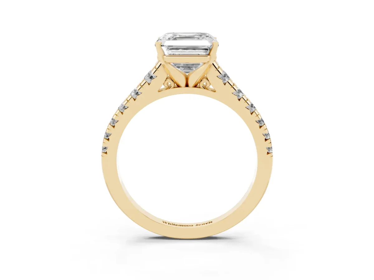 Asscher Cut Diamond Cathedral Solitaire Ring with Round Pavé Band Yellow gold