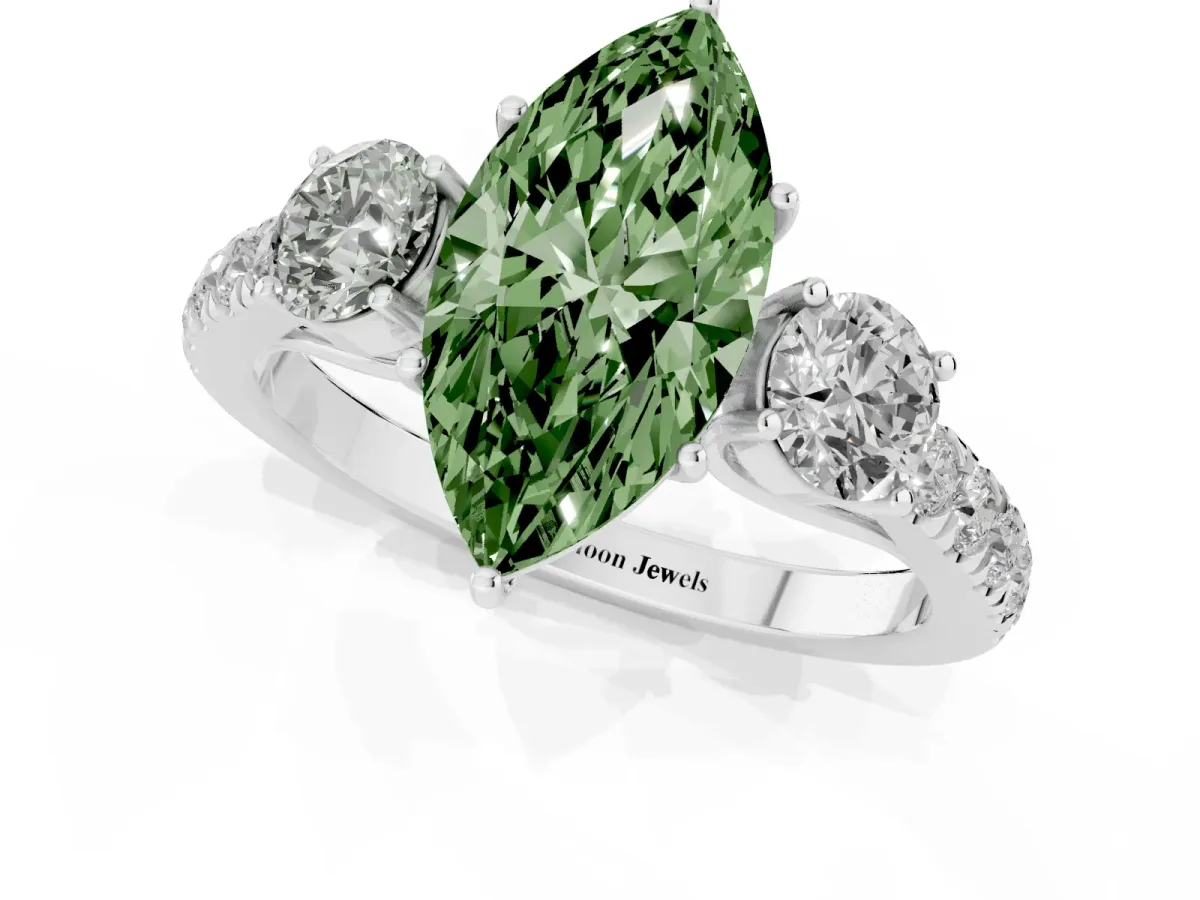 Fancy Green Marquise Cut Cut Diamond Three-Stone Ring with Round Side Stones and Pavé Band Silver