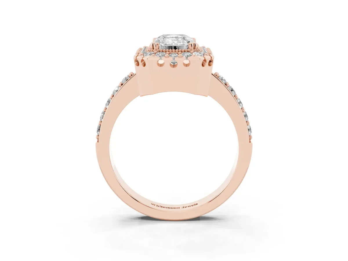 Emerald Cut Diamond Halo Ring with Pavé Band and Prong Setting Rose gold
