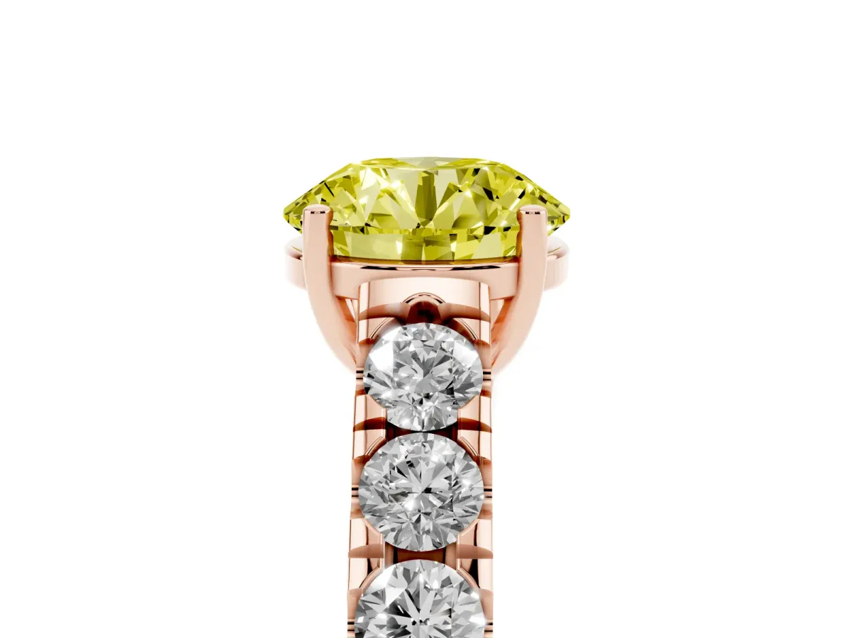 Fancy Yellow Round Cut Cut Diamond Solitaire Ring with Micro Pave Band and Prong Setting Rose gold