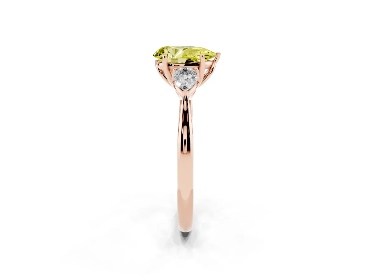Fancy Yellow Pear Cut Diamond Three-Stone Ring with Pear Side Stones and Prong Setting Rose gold