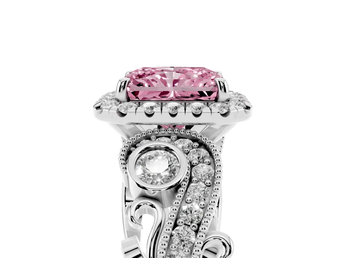 Fancy Pink Radiant Cut Halo Diamond Ring with Milgrain and Bezel Accents on a Split Shank Band Platinum