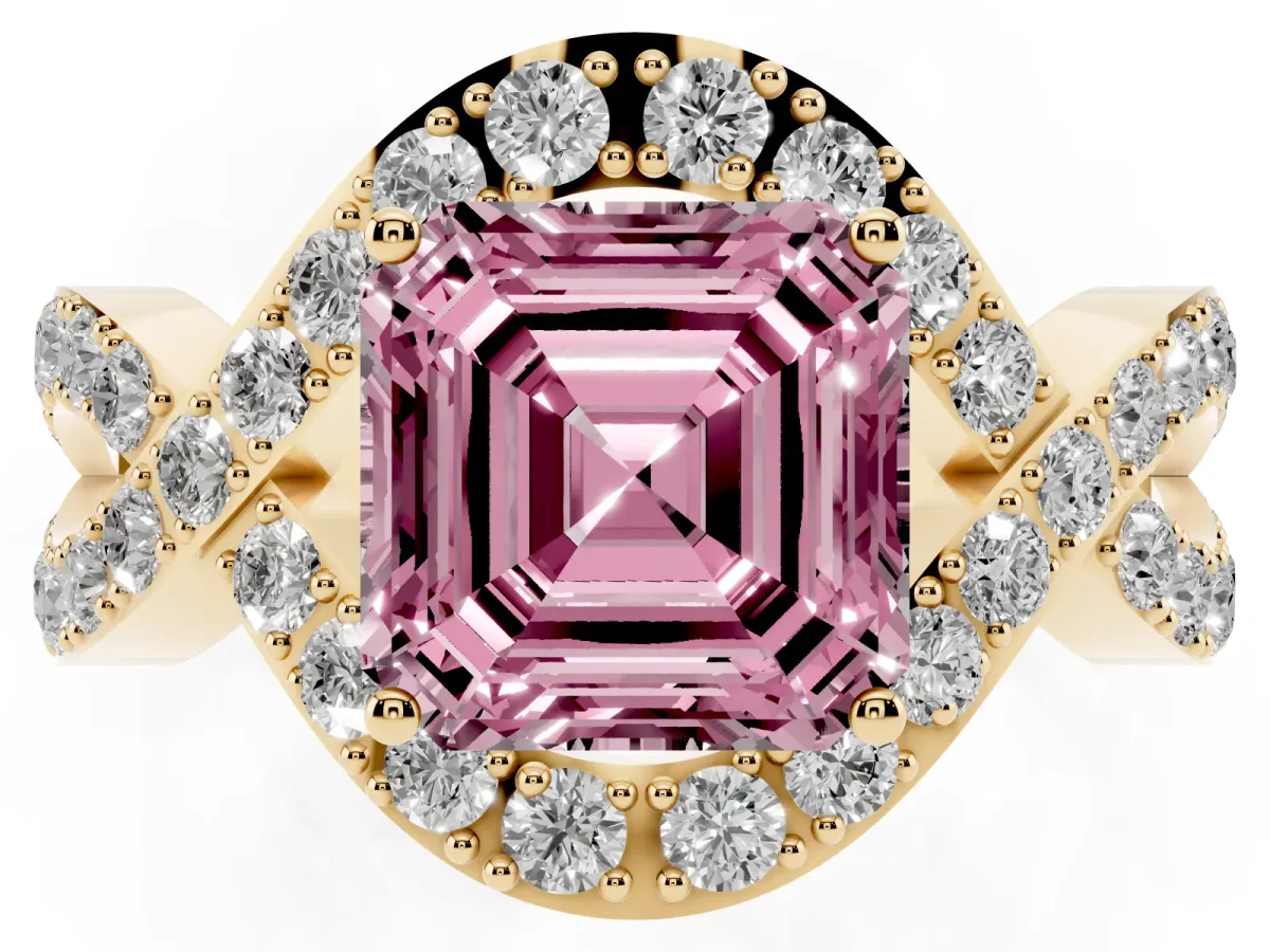 Fancy Pink Asscher Cut Solitaire Twist Band Pavé Diamond Engagement Ring Yellow gold