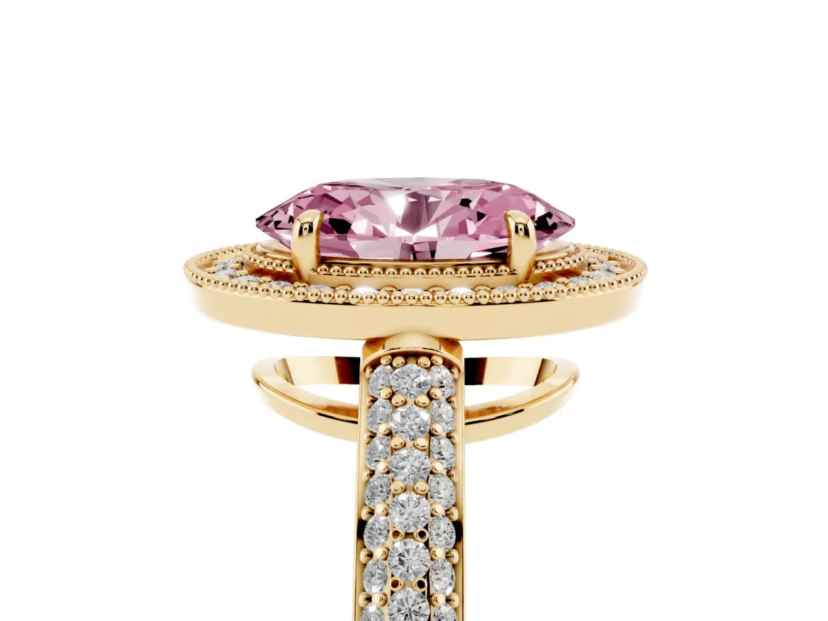 Fancy Pink Oval Cut Cut Halo Diamond Pave Band with Four-Prong Setting Yellow gold