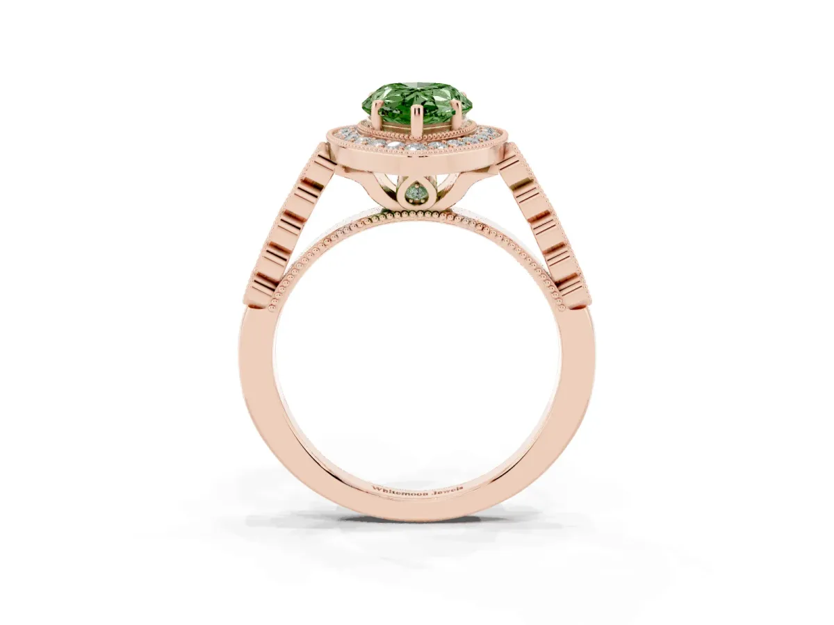 Fancy Green Pear Cut Halo Milgrain Solitaire with Bezel Set Side Stones and Pave Band Rose gold