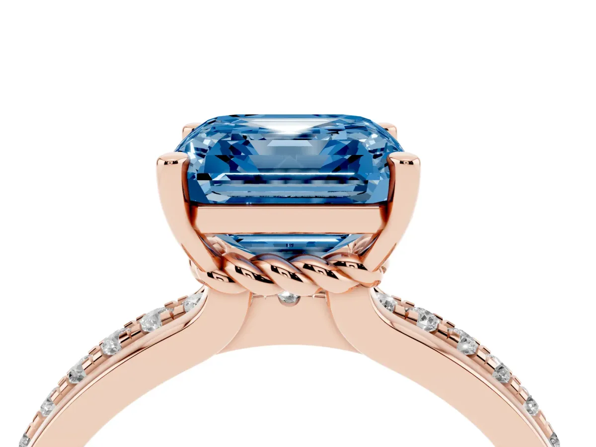 Fancy Blue Asscher Cut Solitaire Diamond Ring with Channel Set Band and Six-Prong Setting Rose gold