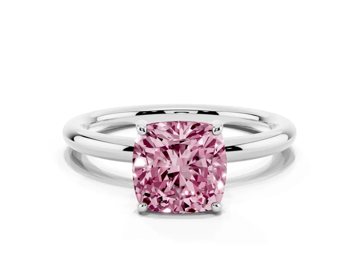 Fancy Pink Cushion Cut Solitaire Diamond Ring with Four-Prong Setting on a Plain Band Silver