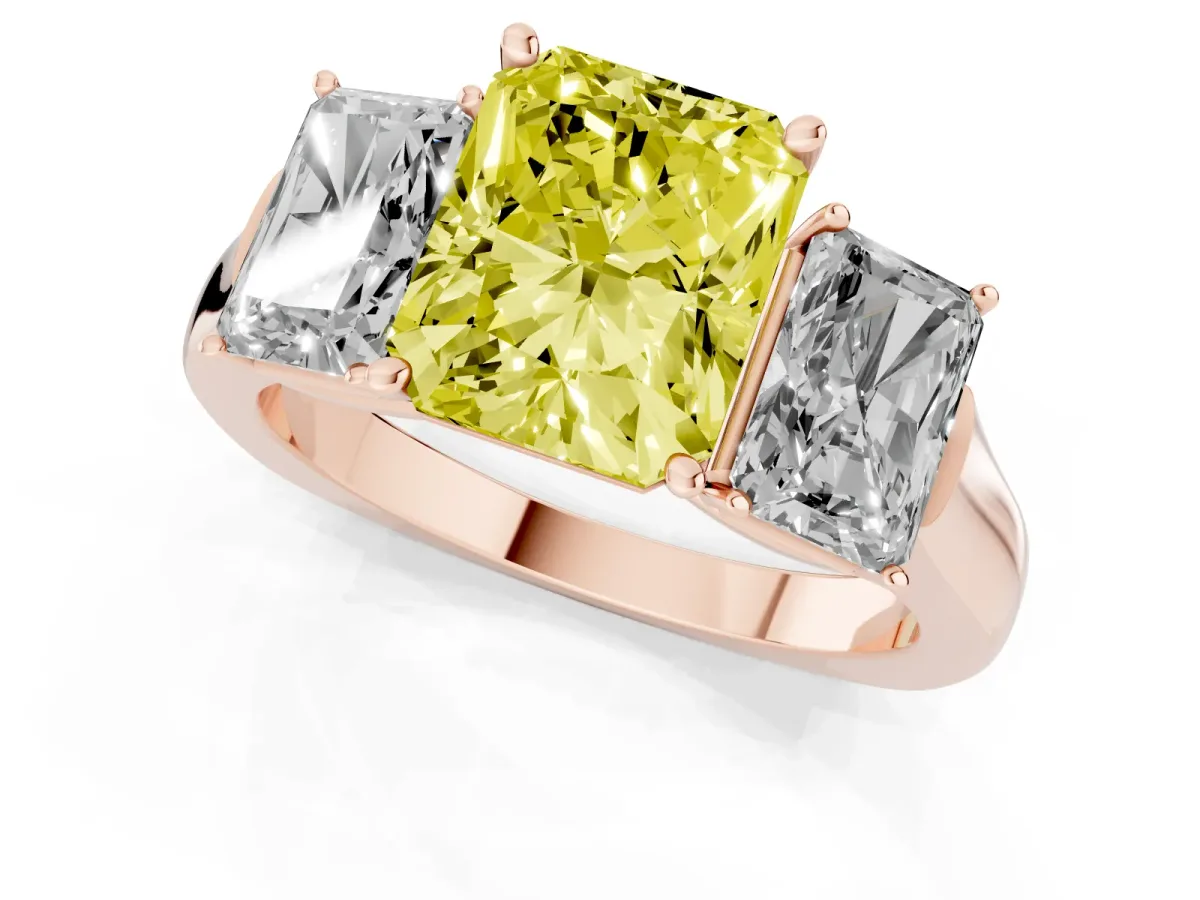 Fancy Yellow Three-Stone Radiant Cut Brilliant Diamond Trellis Ring with Comfort Fit Band Rose gold