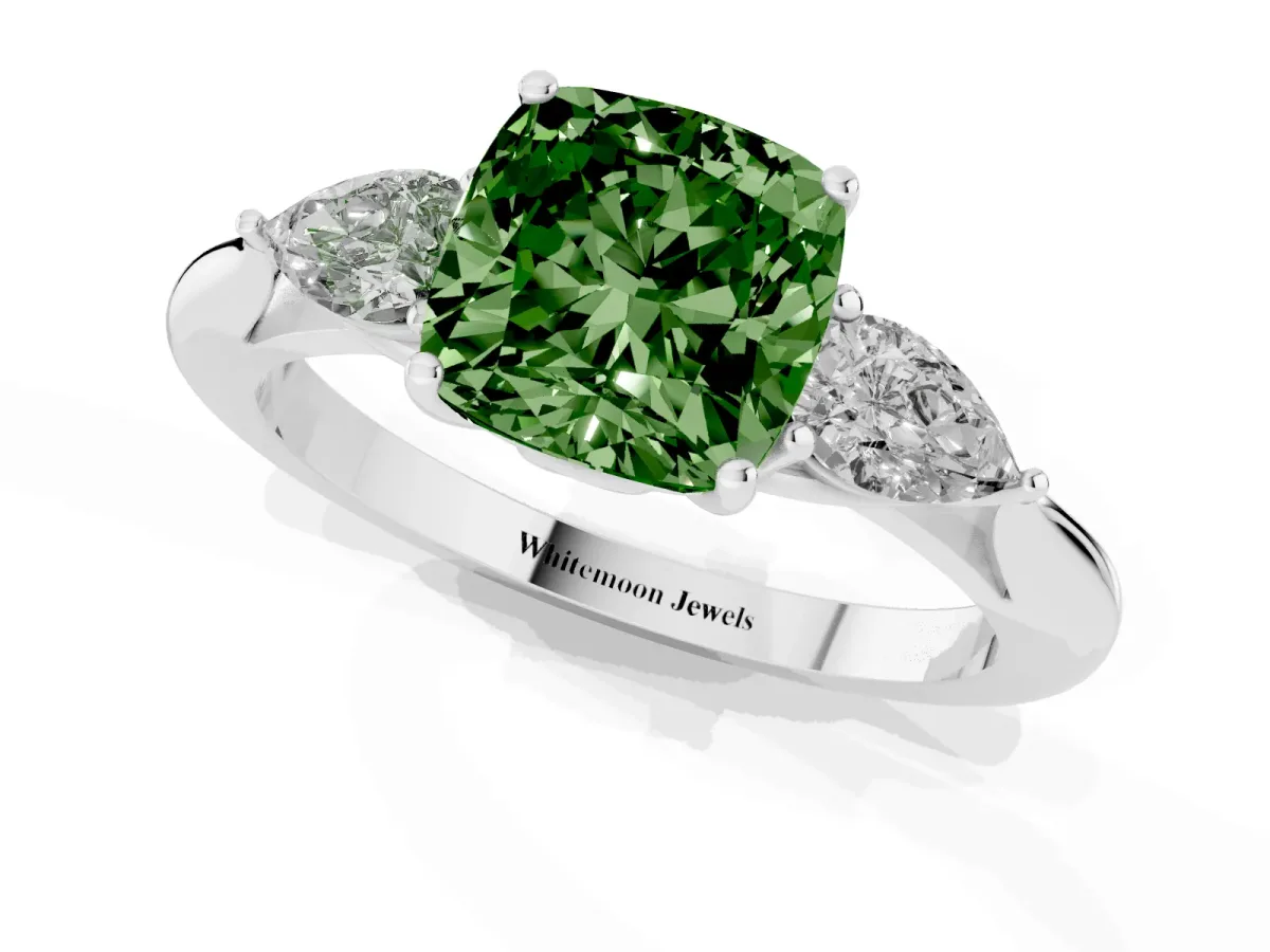 Fancy Green Three-Stone Cushion Cut Diamond Ring with Pear Side Stones in Four-Prong Setting Silver