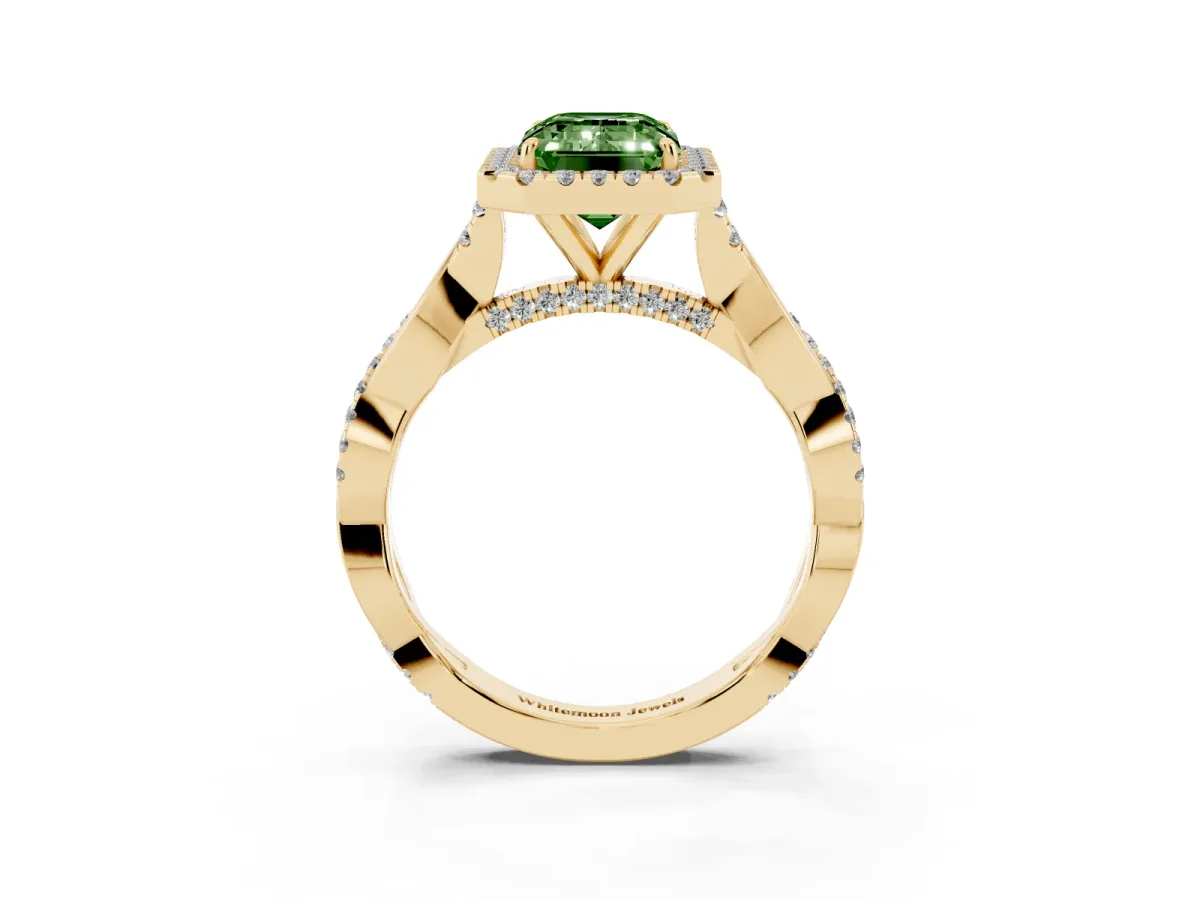 Fancy Green Emerald Cut Halo Twist Band Solitaire Ring Yellow gold