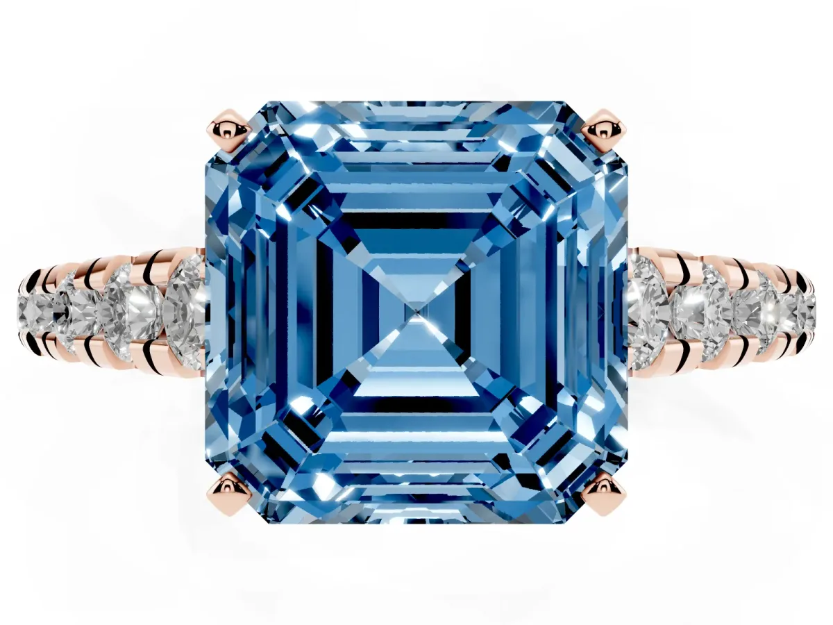 Fancy Blue Asscher Cut Diamond Cathedral Solitaire Ring with Round Pavé Band Rose gold