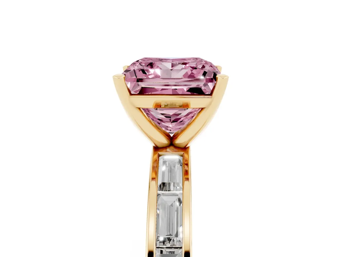 Fancy Pink Princess Cut Solitaire Diamond Ring with Channel-Set Baguette Band and Four-Prong Setting Yellow gold
