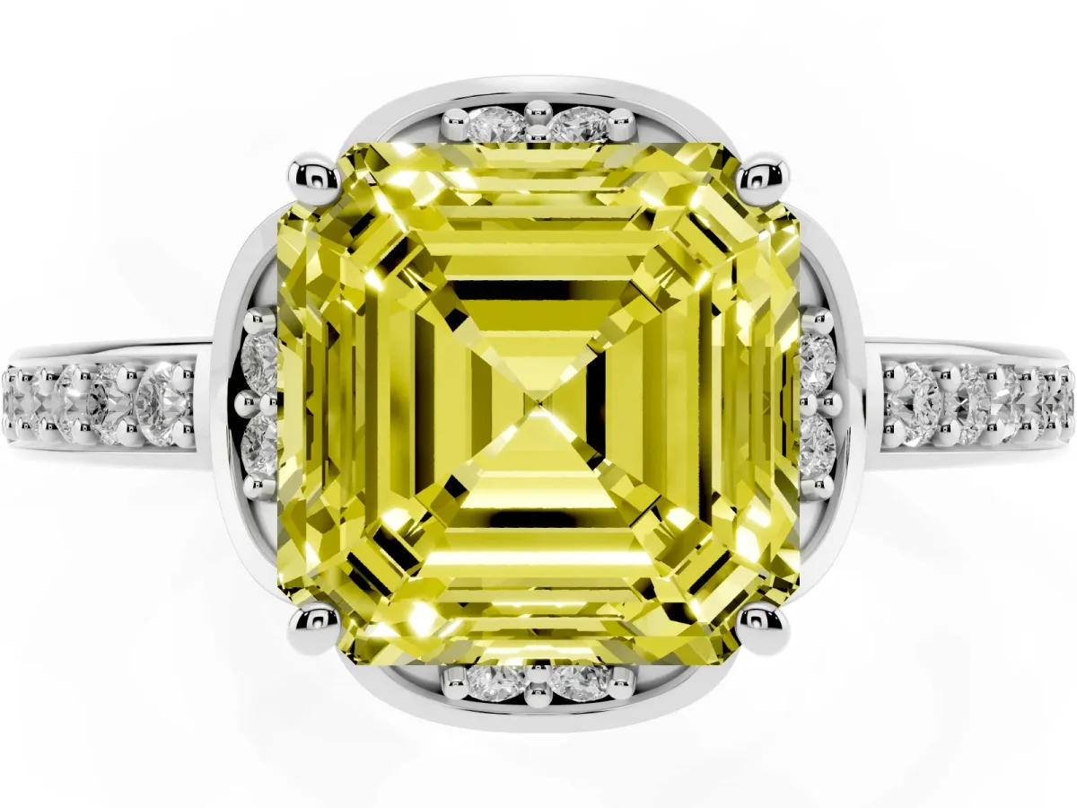 Fancy Yellow Asscher Cut Cut Halo Diamond Ring with Channel Set Band and Four-Prong Setting White gold