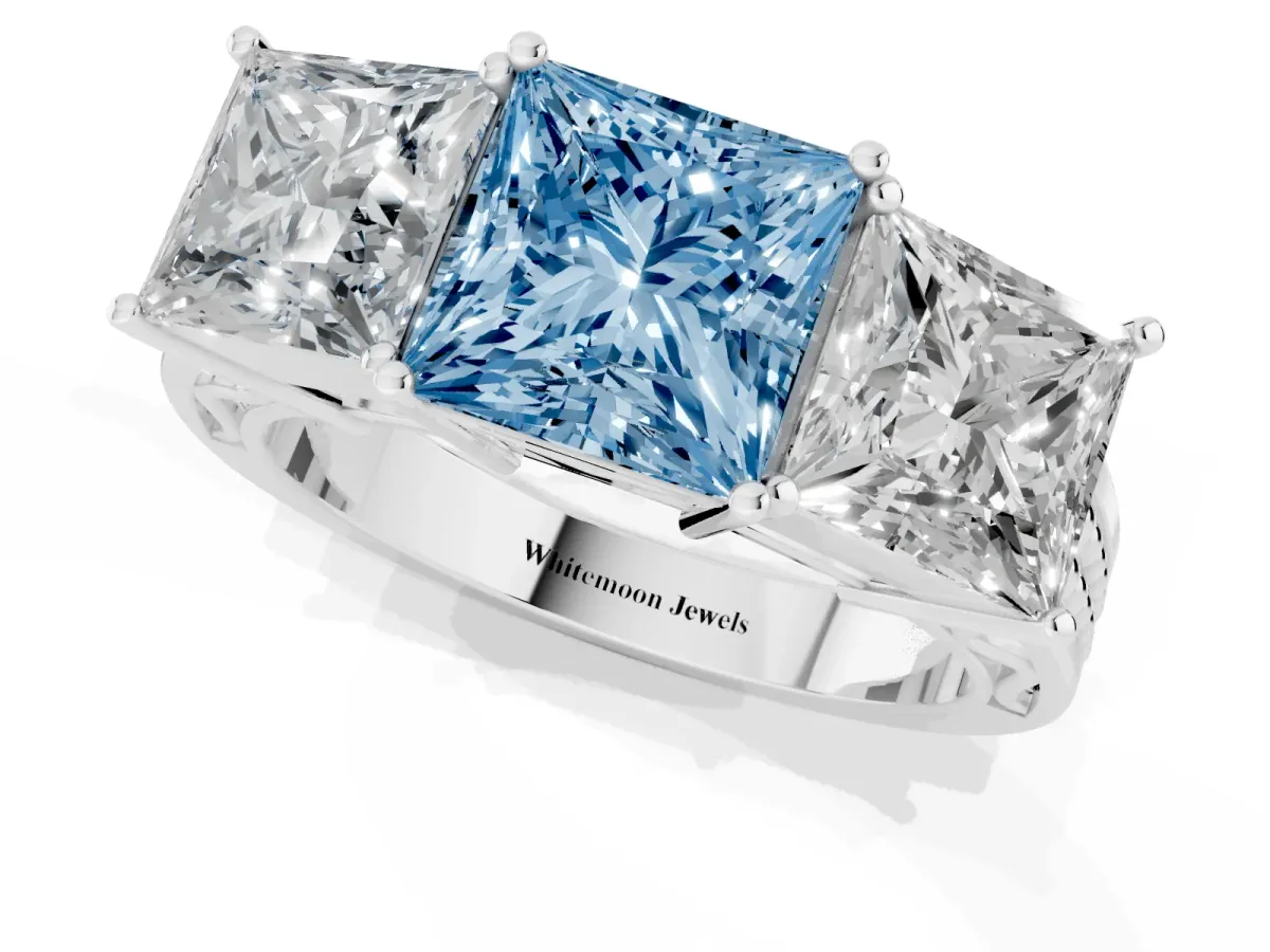 Fancy Blue Princess Cut Diamond Three-Stone Ring with Prong Setting and Textured Band Silver