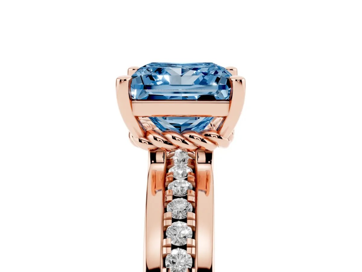 Fancy Blue Princess Cut Solitaire Diamond Ring with Channel Set Band and Six-Prong Setting Rose gold