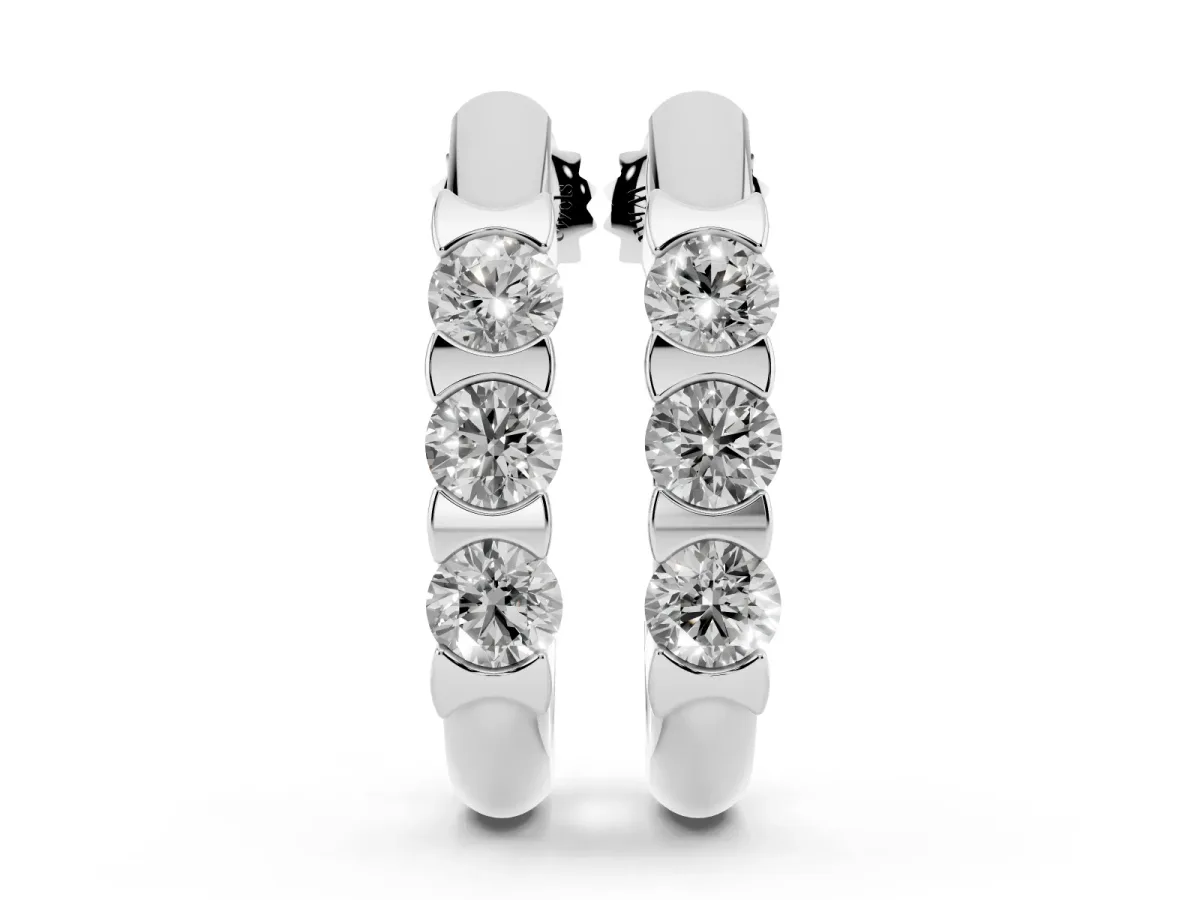 Channel Set Round Diamond Hoop Earrings with Claw Prong Setting Silver