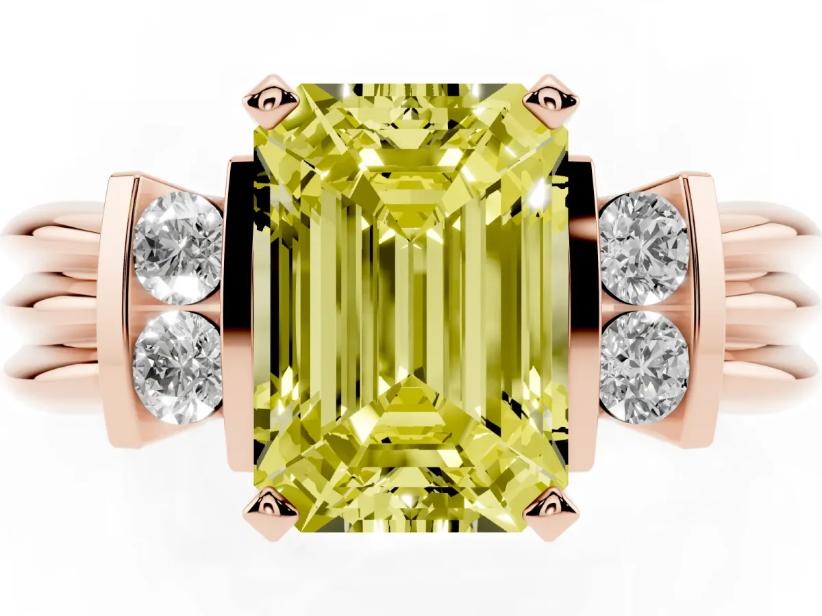 Fancy Yellow Emerald Cut Cut Three-Stone Channel Set Ring with Bar Prongs Rose gold