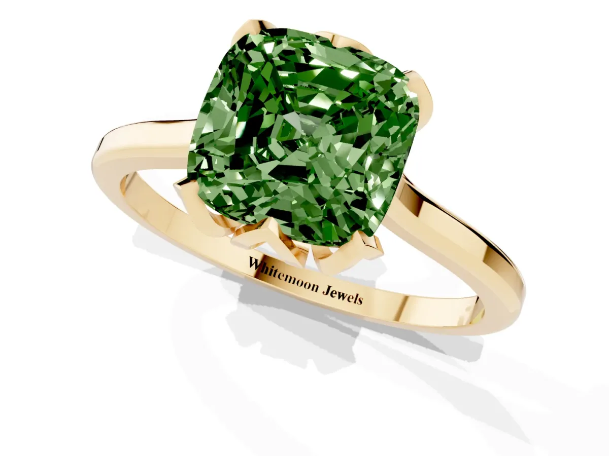 Fancy Green Cushion Cut Diamond Solitaire Ring with Flower Prong Setting and Classic Band Yellow gold