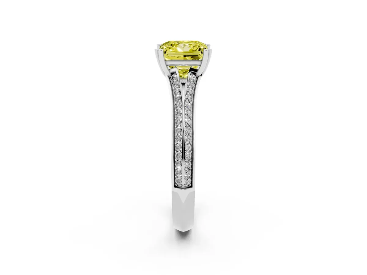 Fancy Yellow Princess Cut Diamond Split Shank Engagement Ring with Pavé Band Silver