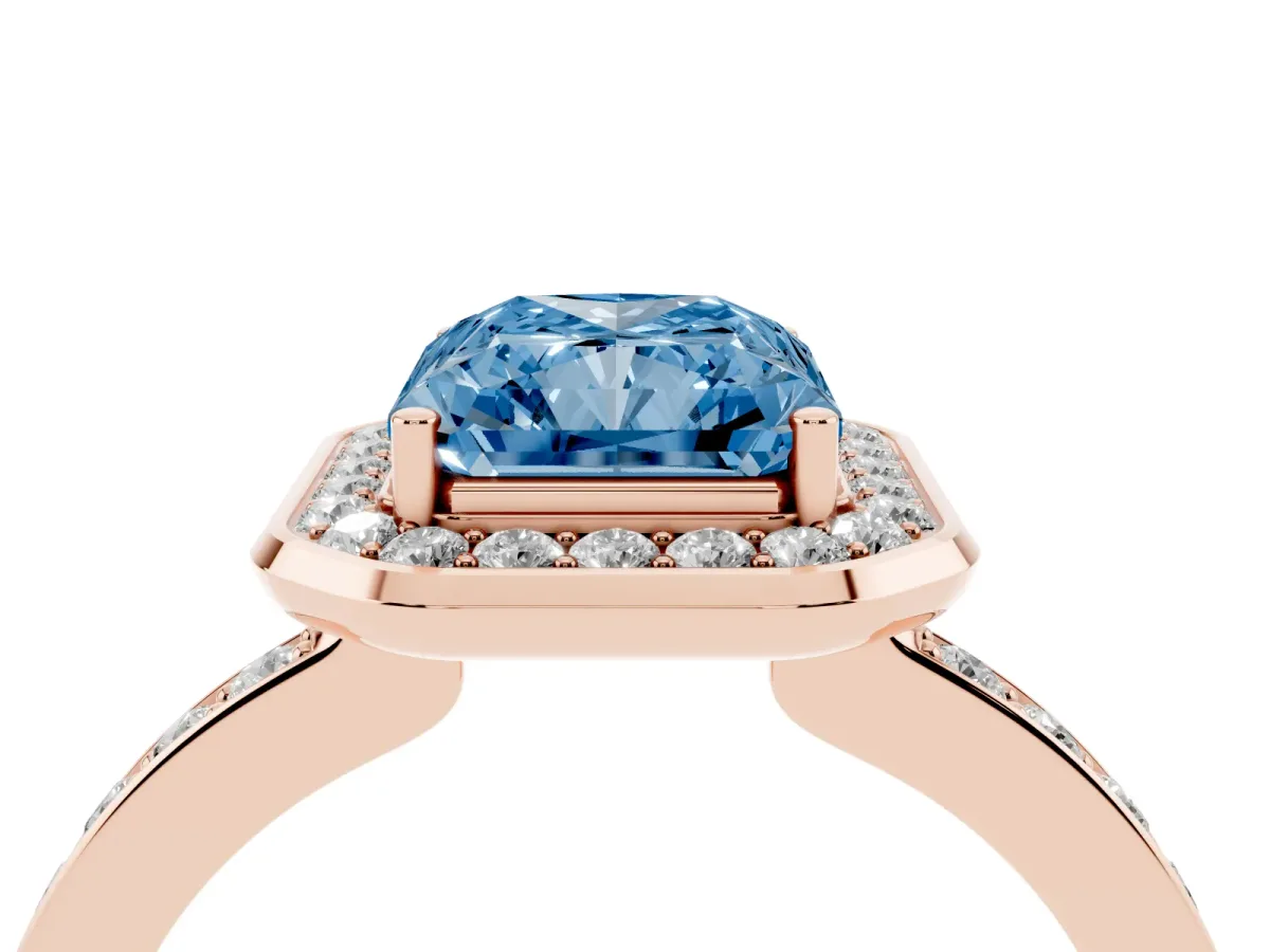 Fancy Blue Radiant Cut Diamond Halo Ring with Bezel Frame and Pavé Band Rose gold