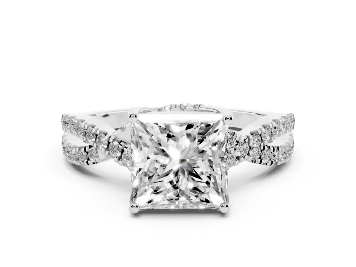 Princess Cut Solitaire Twist Pave Diamond Engagement Ring with Prong Setting Silver