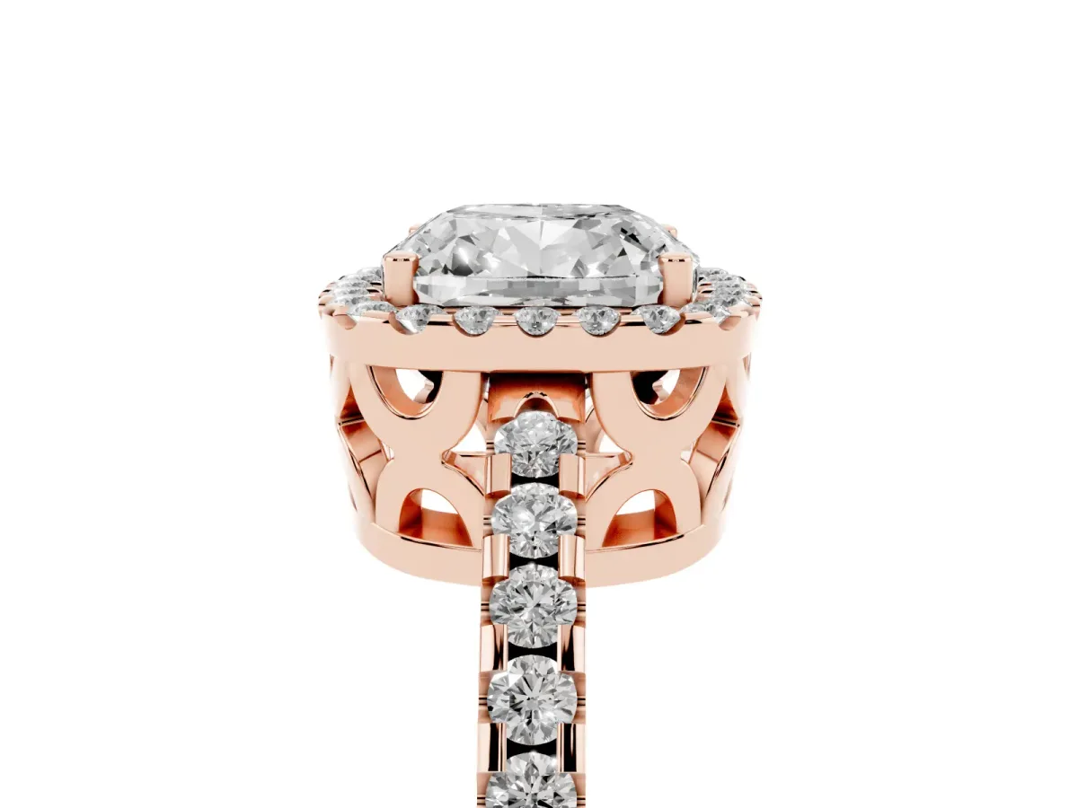 Cushion Cut Diamond Halo Engagement Ring with Pavé Band and Prong Setting Rose gold