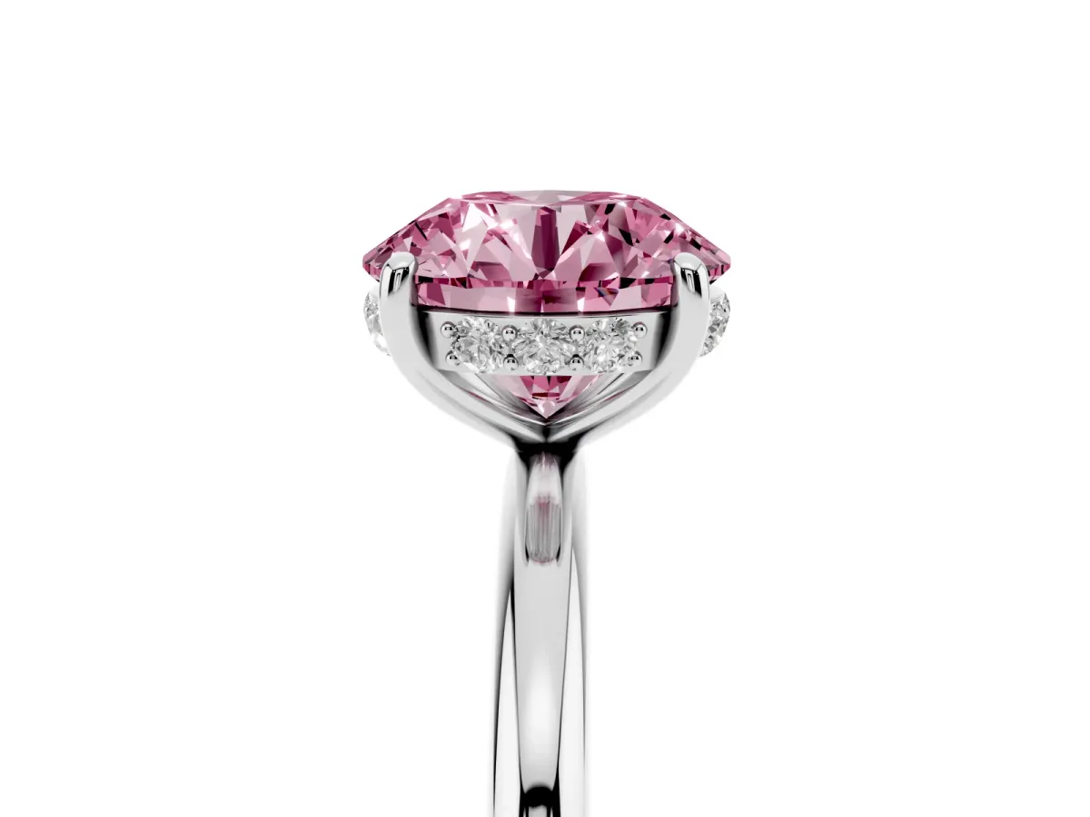 Fancy Pink Round Cut Solitaire Diamond Ring with a Classic Band and Four-Prong Setting Silver
