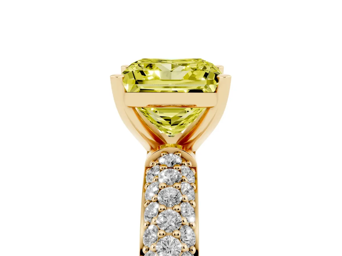 Fancy Yellow Princess Cut Diamond Solitaire Ring with Prong Setting and Pavé Band Yellow gold