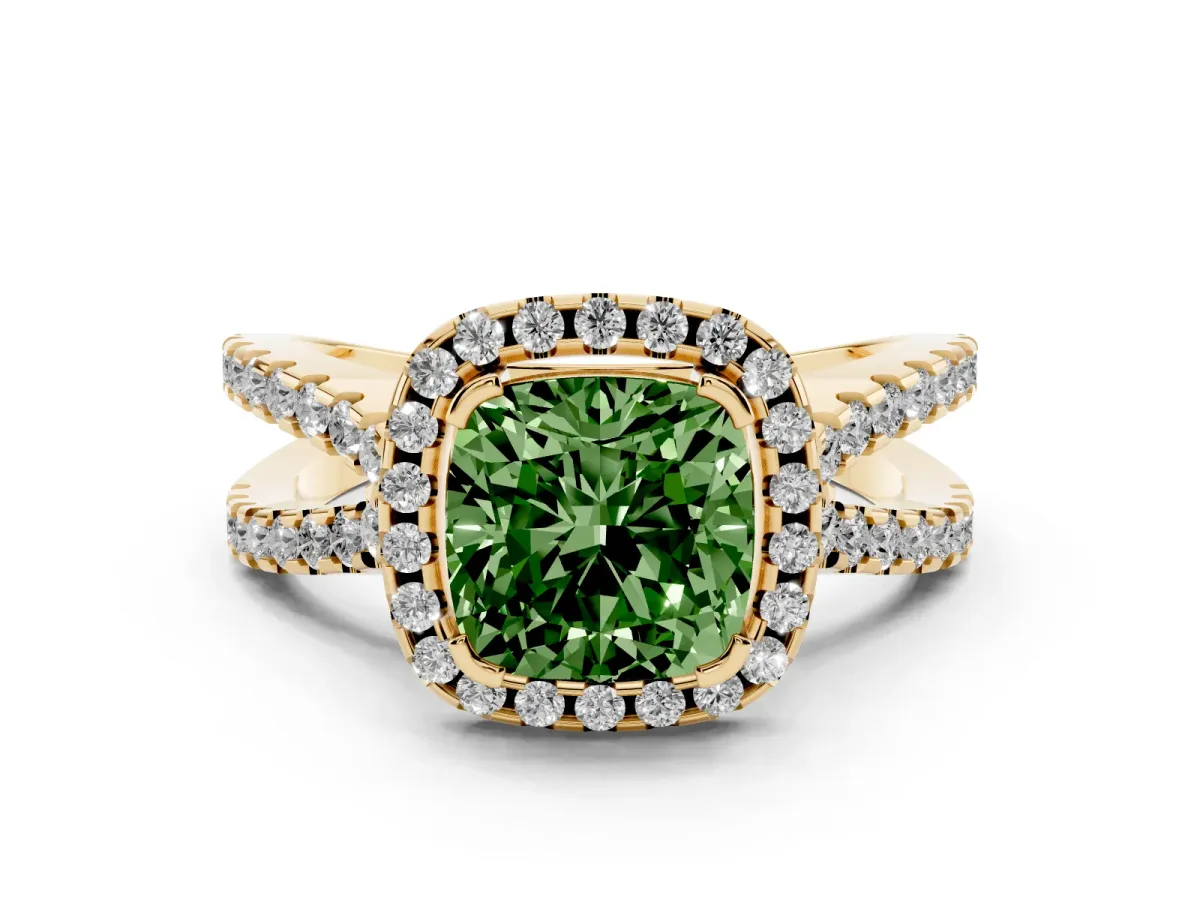 Fancy Green Cushion Cut Diamond Halo Ring with Split Shank Pavé Band and Prong Setting Yellow gold