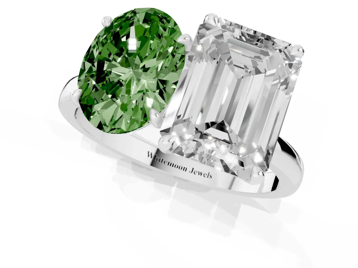 Fancy Green Oval Cut and Emerald Cut Toi Moi Ring with Prong Setting Platinum