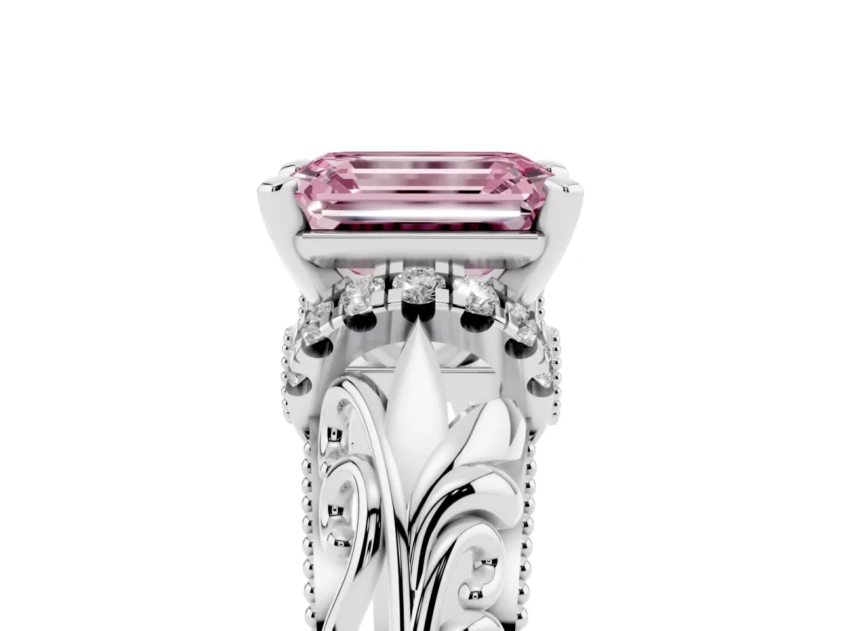 Fancy Pink Emerald Cut Solitaire Filigree Engagement Ring with Halo and Prong Setting Silver