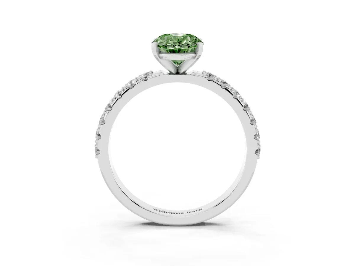 Fancy Green Oval Cut Diamond Solitaire Pavé Band with Four-Prong Setting Silver