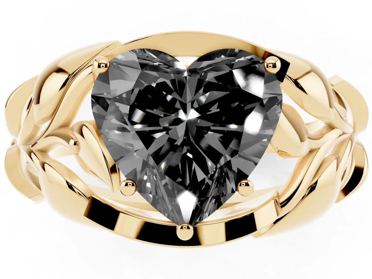 Fancy Black Heart Cut Diamond Leaf-Inspired Engagement Ring with Round Accents and Prong Setting Yellow gold