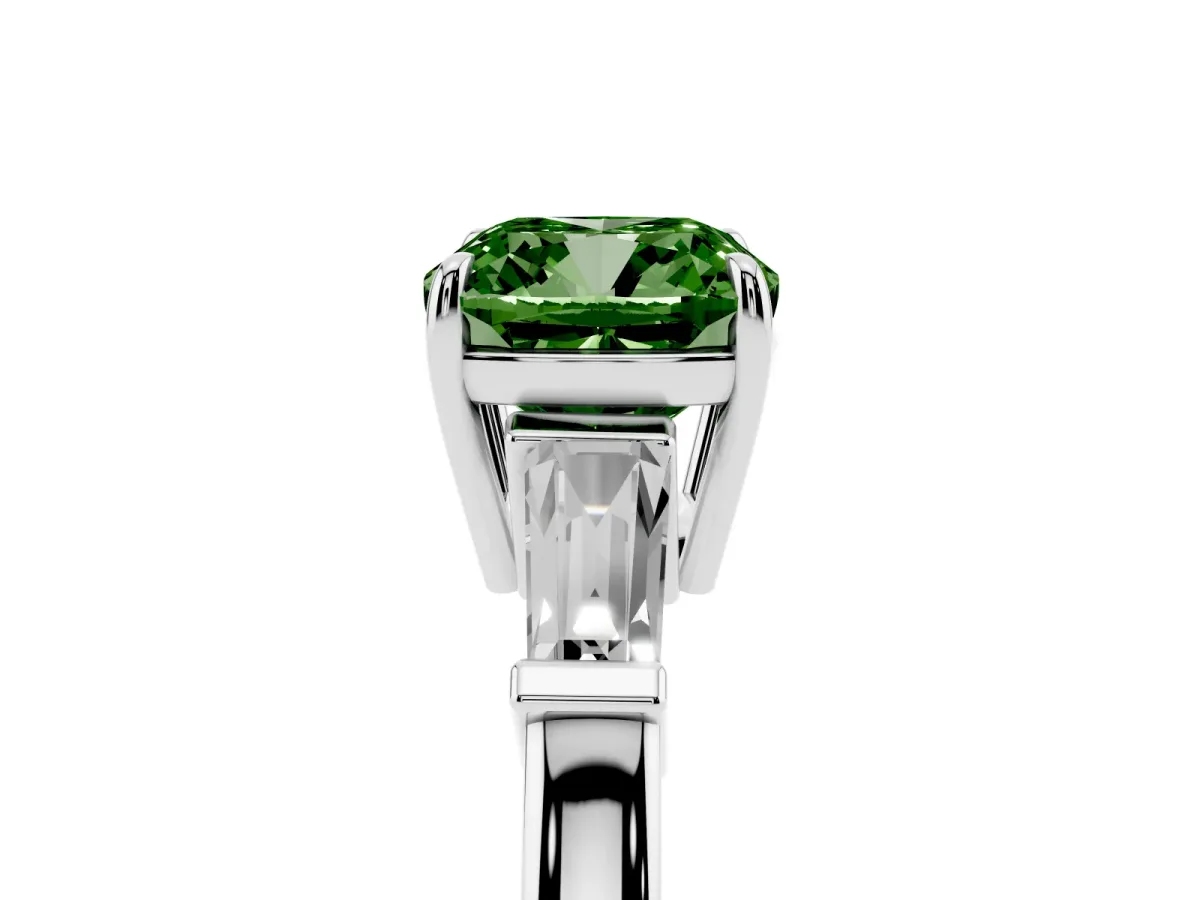 Fancy Green Cushion Cut Diamond Three-Stone Ring with Tapered Baguette Side Stones and Prong Setting Silver