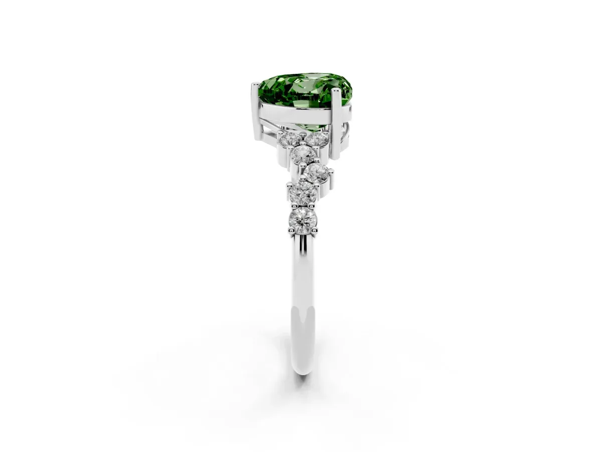 Fancy Green Heart Cut Diamond Scattered Round Accent Ring with Prong Setting White gold