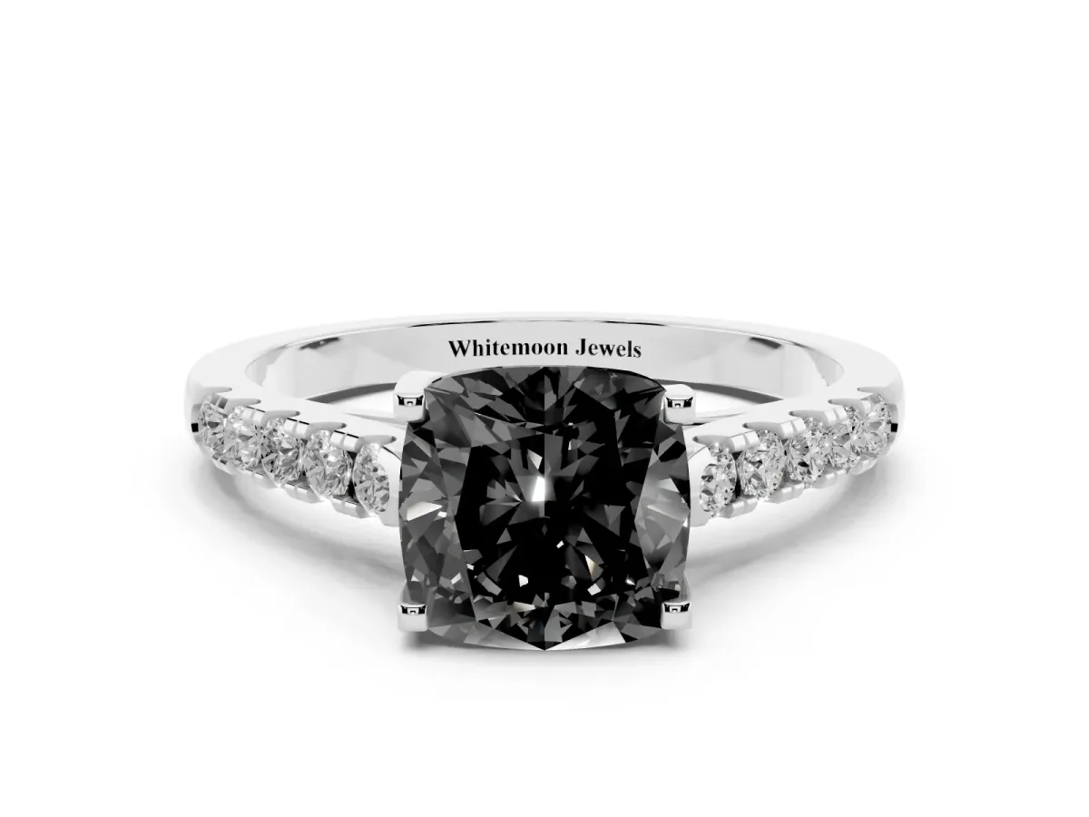 Fancy Black Cushion Cut Diamond Pavé Band Solitaire Ring with Prong Setting Silver
