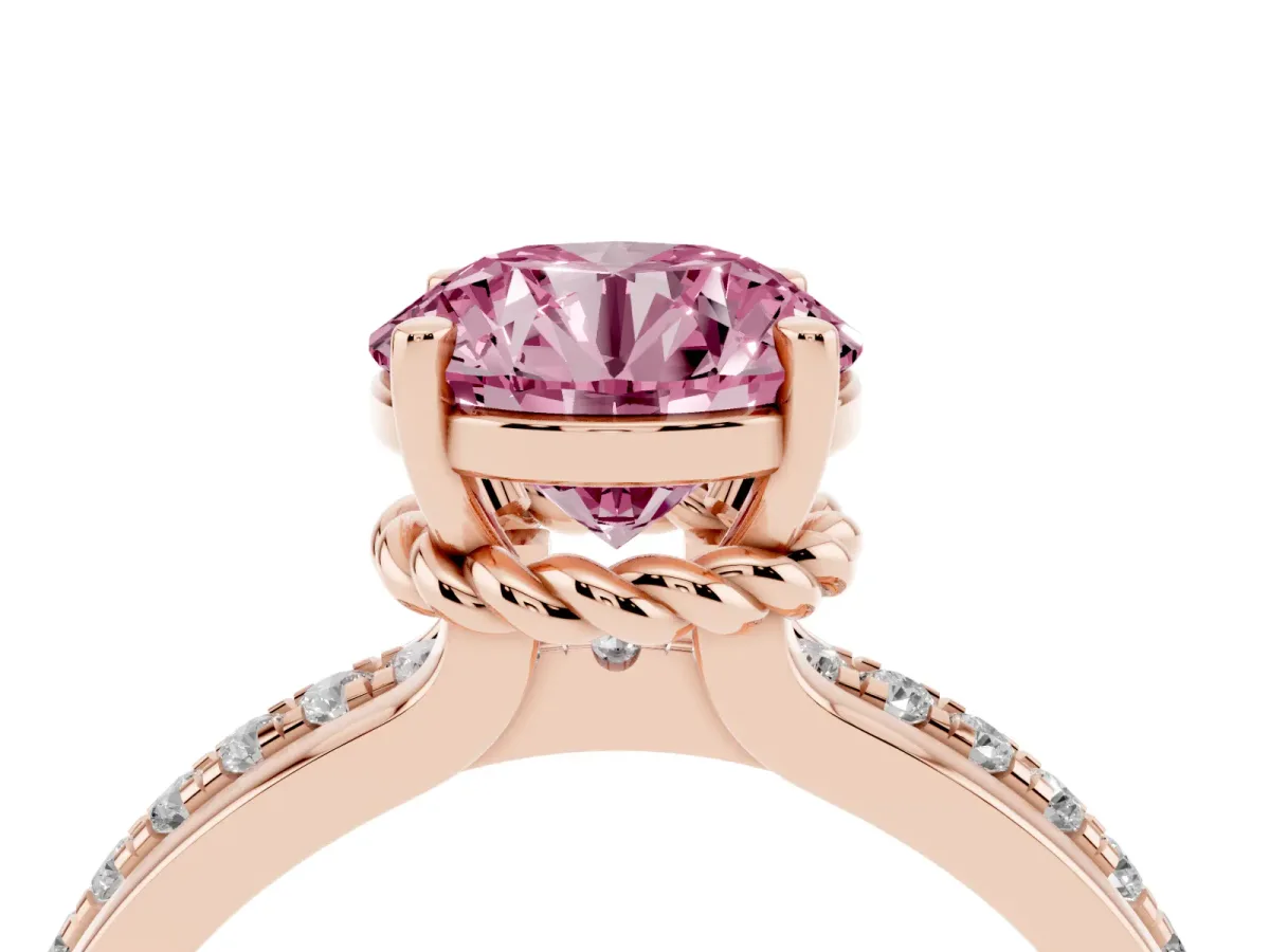 Fancy Pink Round Cut Solitaire Diamond Ring with Channel Set Band and Six-Prong Setting Rose gold