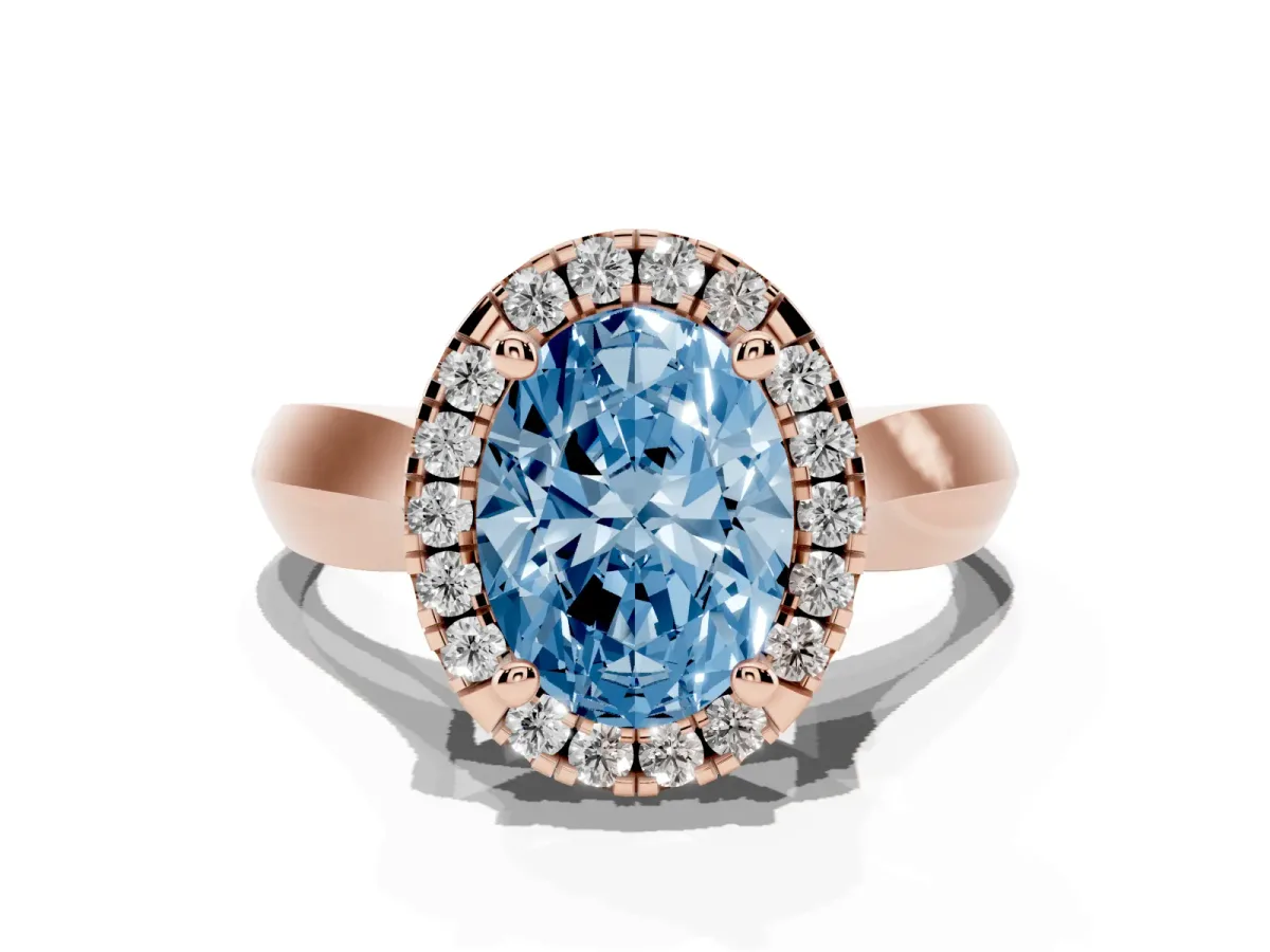 Fancy Blue Oval Cut Cut Halo Solitaire Engagement Ring with Square Band and Four-Prong Setting Rose gold