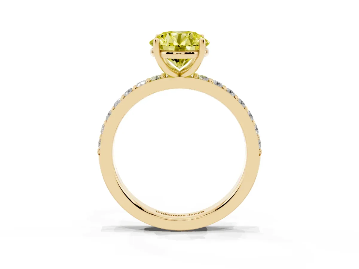Fancy Yellow Round Cut Cut Diamond Solitaire with Pave Band and Four-Prong Setting Yellow gold