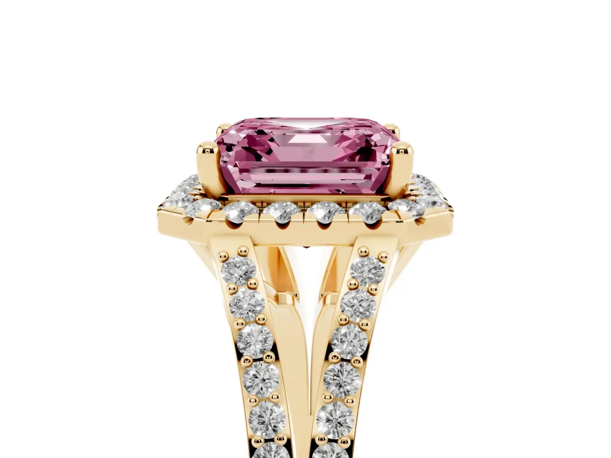 Fancy Pink Asscher Cut Halo Split Shank Diamond Ring with Prong Setting Yellow gold