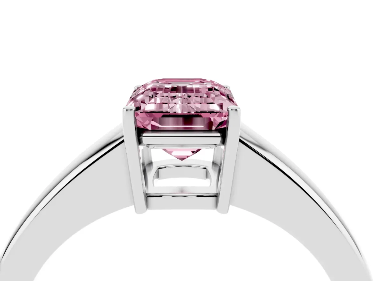 Fancy Pink Emerald Cut Solitaire Diamond Ring with Tapered Band and Four-Prong Setting White gold