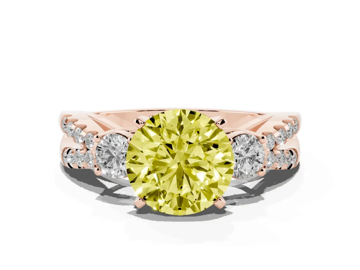Fancy Yellow Round Cut Diamond Three-Stone Ring with Pavé Split Shank and Four-Prong Setting Rose gold