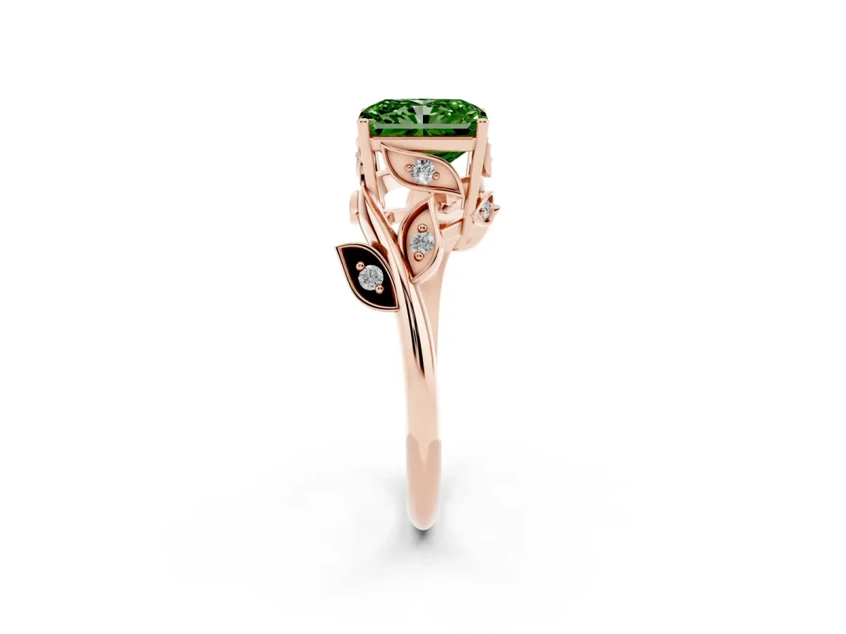 Fancy Green Radiant Cut Solitaire Twist Engagement Ring with Leaf Accents and Prong Setting Rose gold