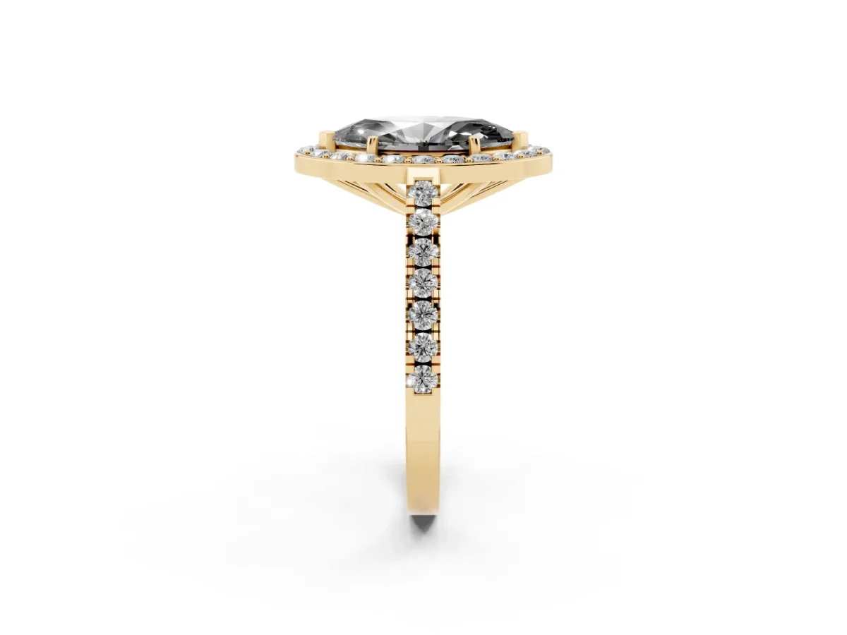 Fancy Black Marquise Cut Diamond Halo Ring with Round Pavé Split Shank and Prong Setting Yellow gold