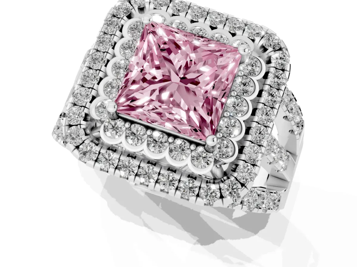 Fancy Pink Princess Cut Diamond Double Halo Ring with Round Pavé Split Shank and Prong Setting Silver