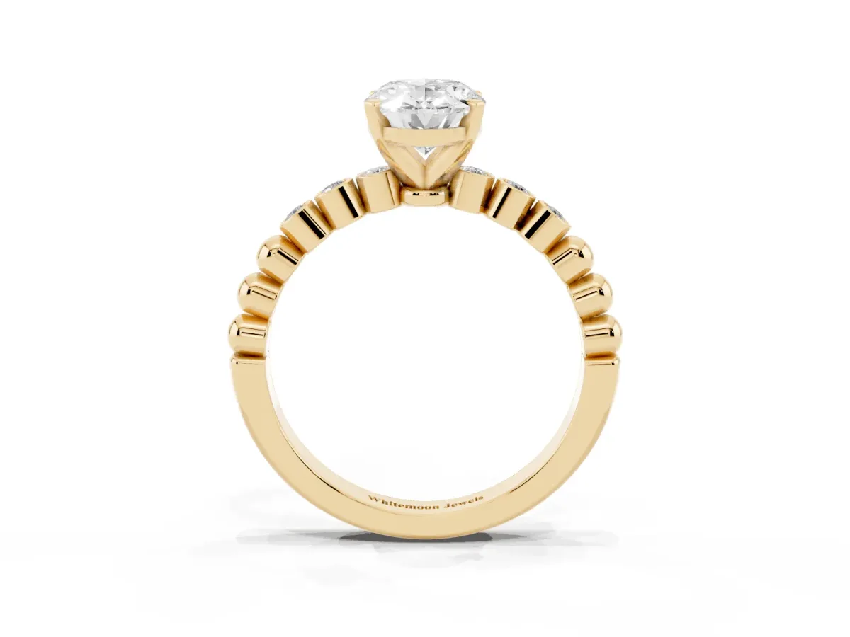 Oval Cut Solitaire Bezel Accent Diamond Engagement Ring with Beaded Band and Four-Prong Setting Yellow gold